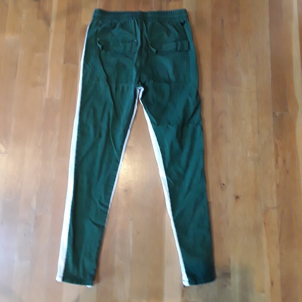 98% Cotton Ankle Zip Dark Green & White Slim Fit Drawtring Track Pants - Picture 2 of 6